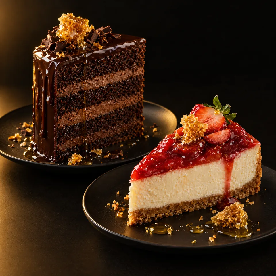 Layer cake and strawberry cheesecake