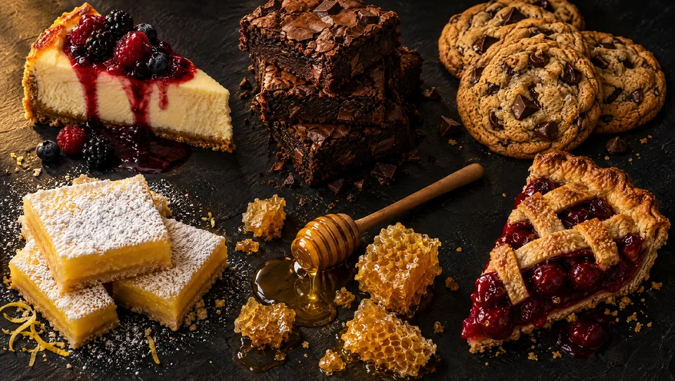 Cheesecake, brownies, cookies, lemon bars and a lattice-top cherry pie with honeycomb