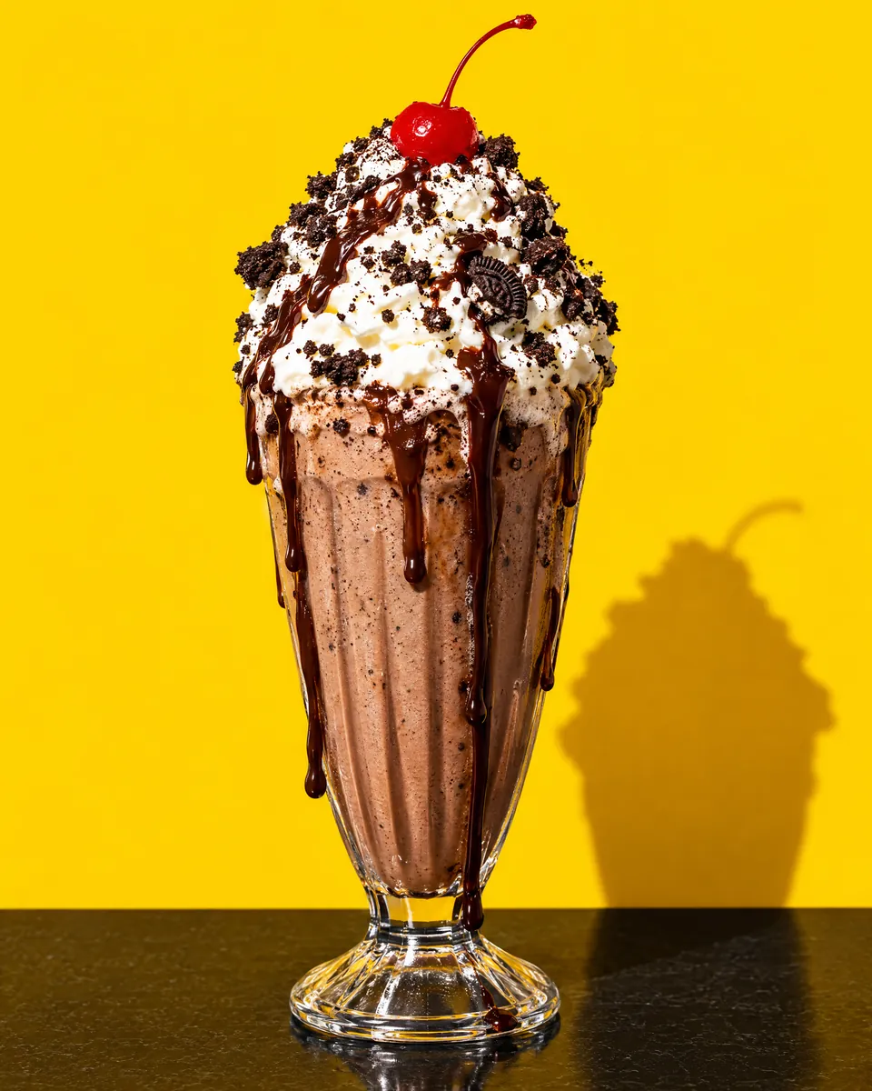 A tall chocolate milkshake piled with whipped cream and a cherry