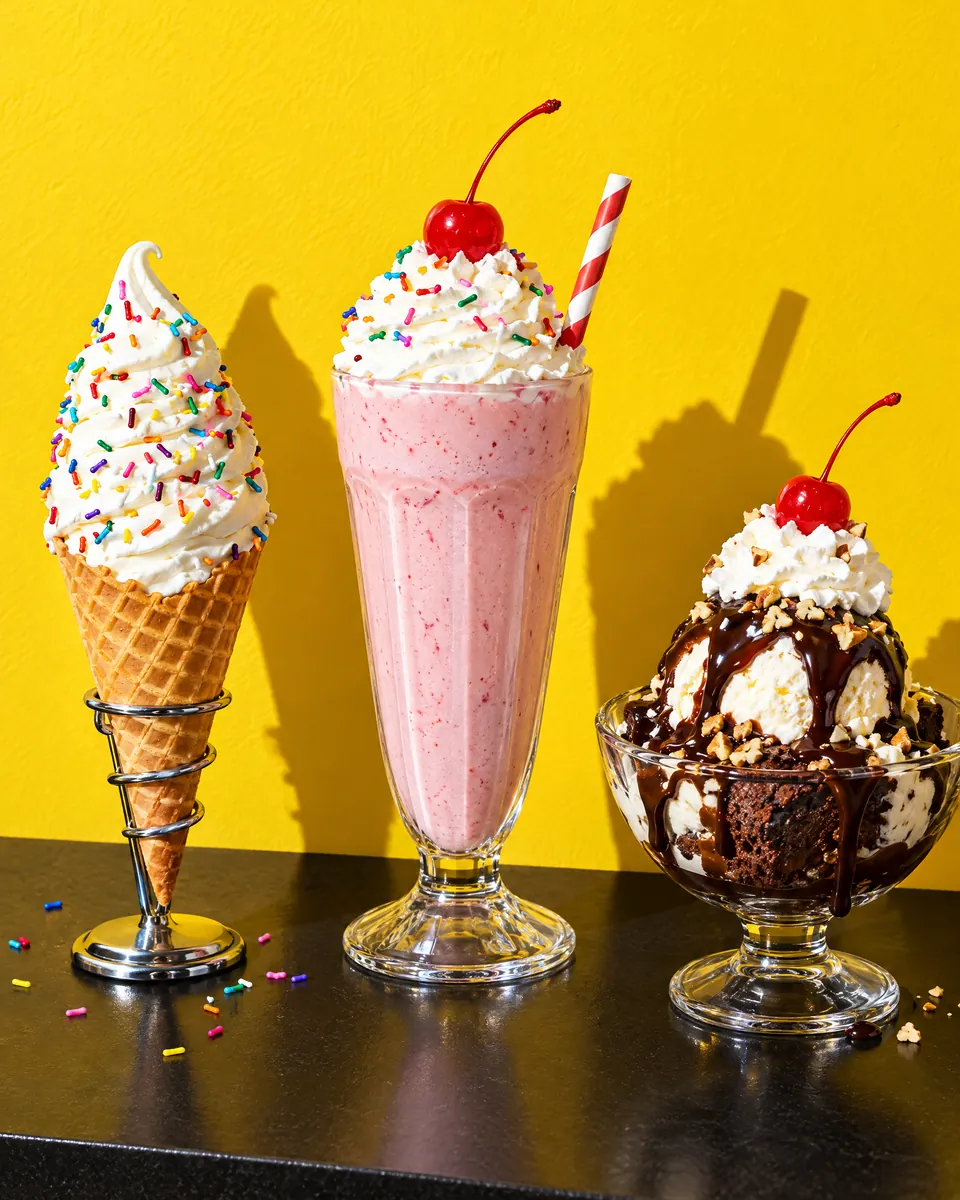A sprinkle-dipped soft-serve cone, a strawberry milkshake and a brownie sundae