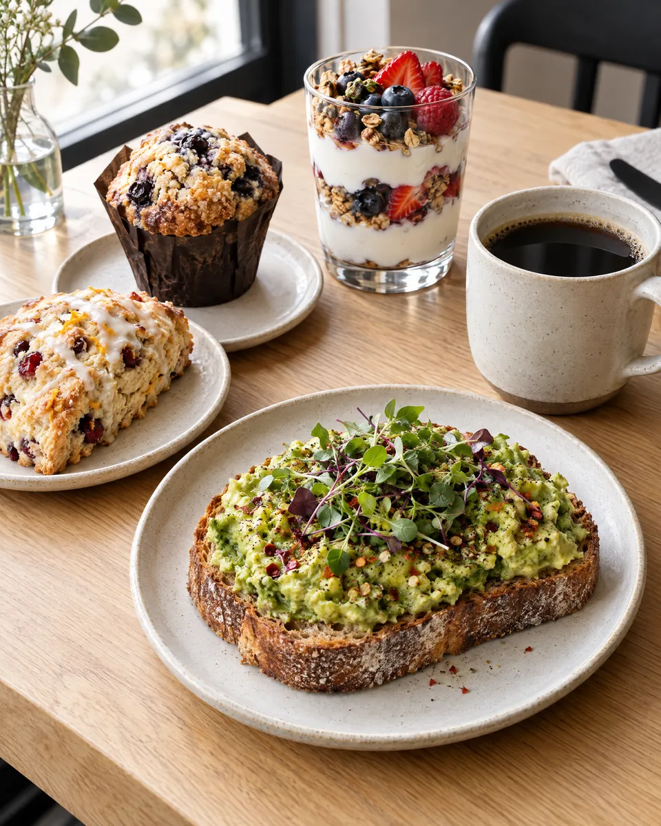 Avocado toast, a scone, a muffin, a yogurt parfait and black coffee on a café table