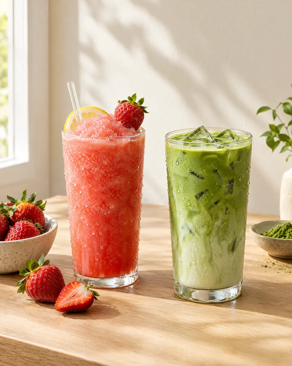 A frozen strawberry lemonade and an iced matcha