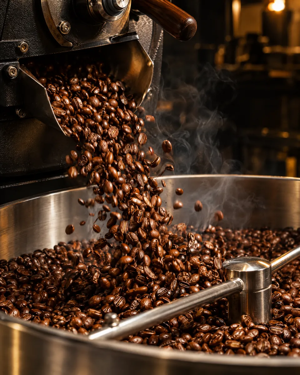 Freshly roasted coffee beans tumbling into a roaster’s cooling tray