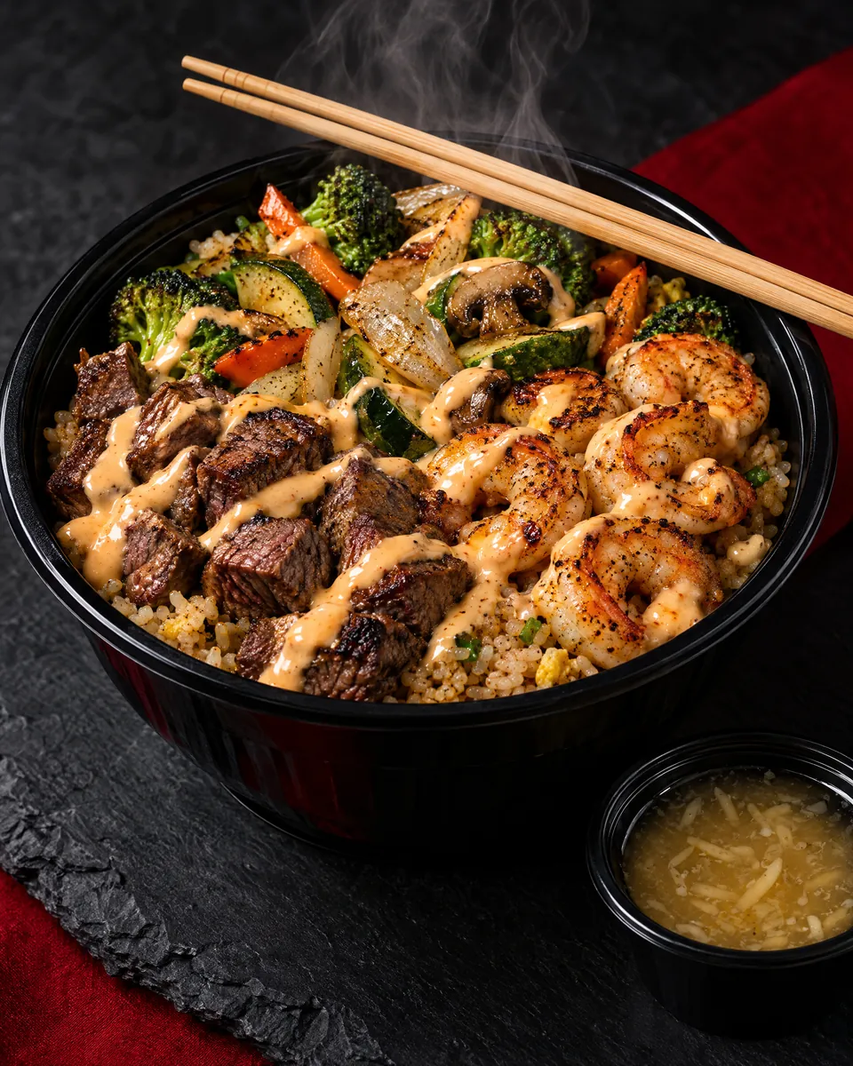 A hibachi bowl of steak and shrimp over fried rice with broccoli, zucchini and YumYum sauce