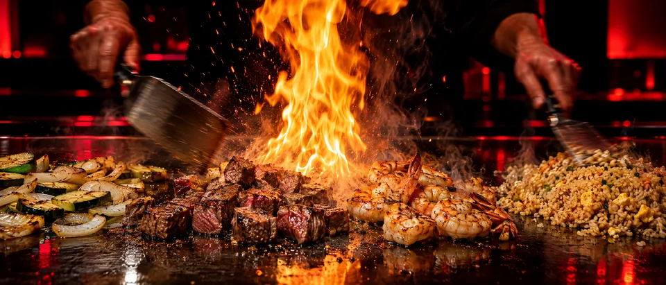 Flames leap off the flat-top as a chef sears steak, shrimp, vegetables and fried rice