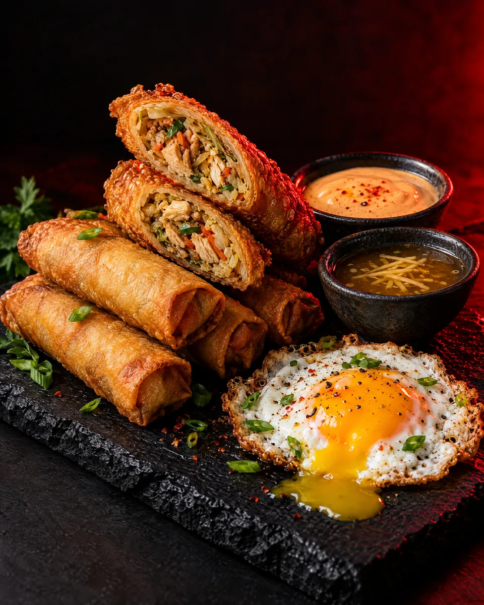 Spring rolls, egg rolls and a fried egg on the side