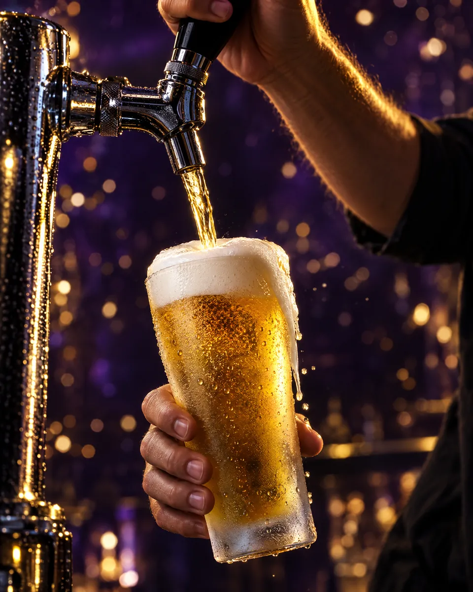 A golden draft beer being pulled from a chrome tap