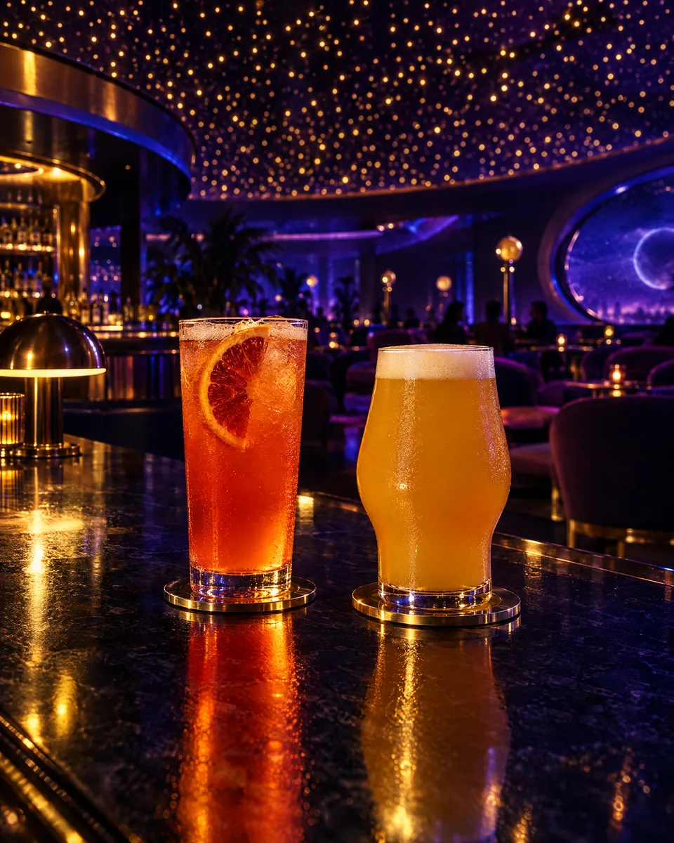A citrus spritz and a hazy beer glowing on a candlelit bar top