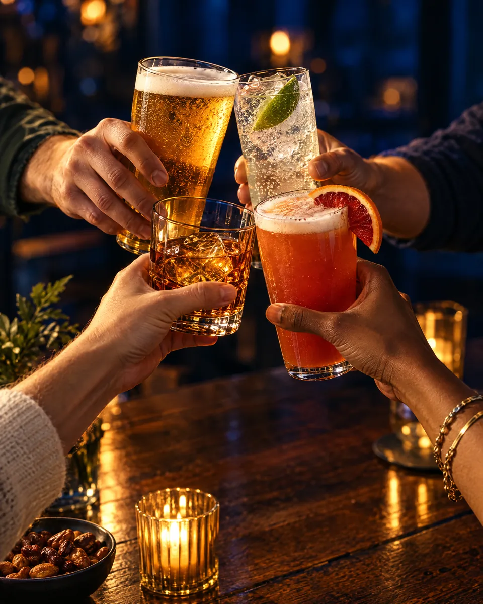 Friends clinking a beer, a cocktail and a citrus drink over the bar