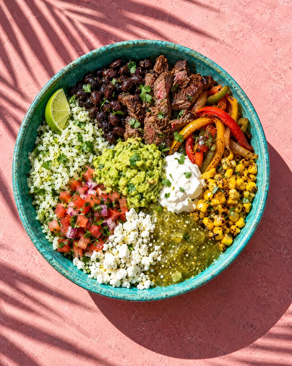 A burrito bowl with carne asada, rice, beans, guacamole and pico de gallo