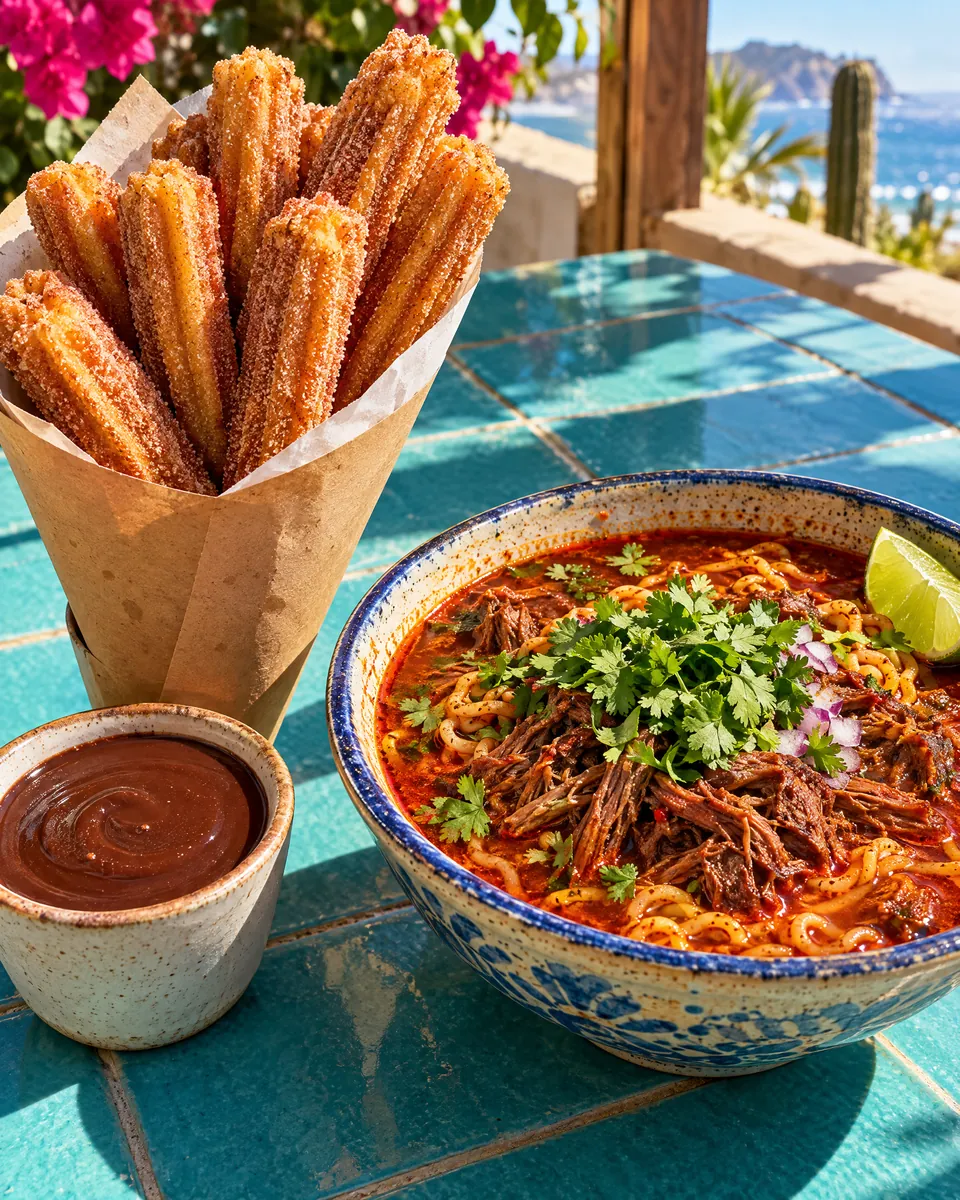 Churros with chocolate sauce beside a bowl of birria ramen