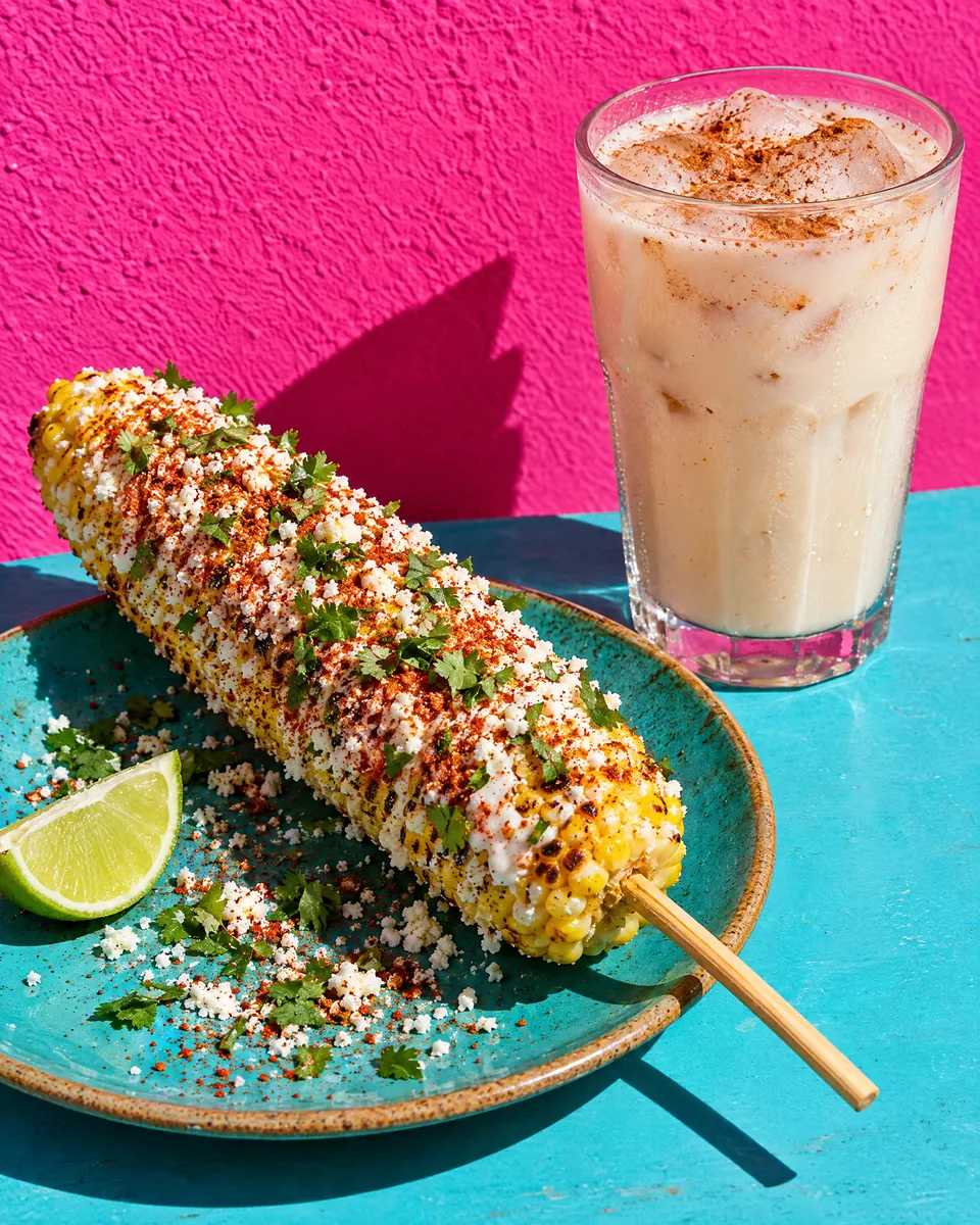 Mexican street corn with cotija and chile beside a glass of horchata