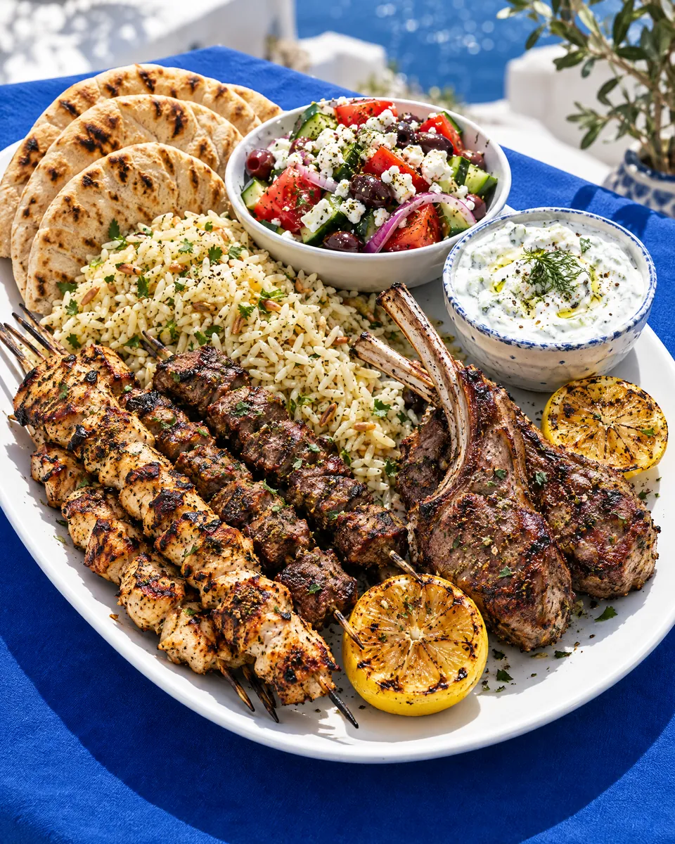 Chicken and beef kebabs and lamb chops on a flaming grill