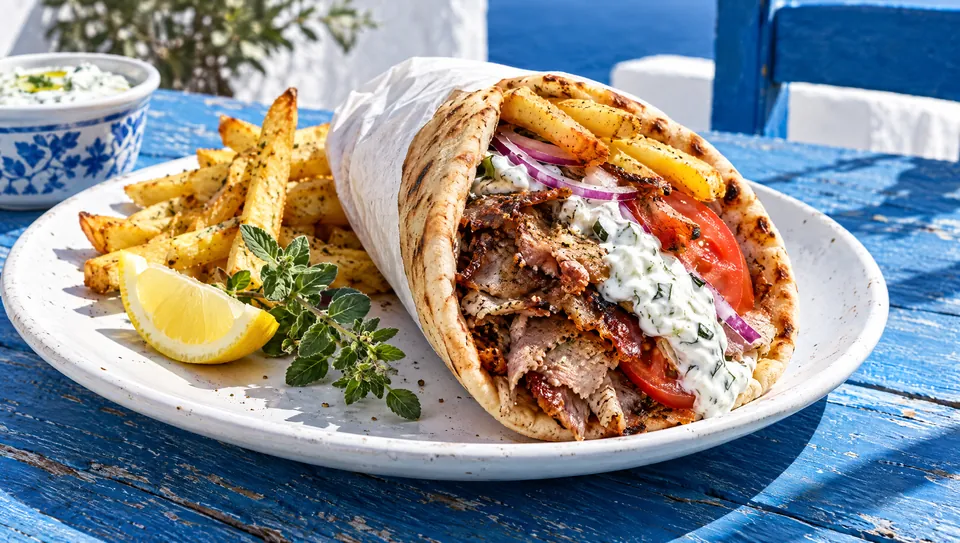 A lamb gyro wrapped in warm pita with tzatziki, tomato and onion