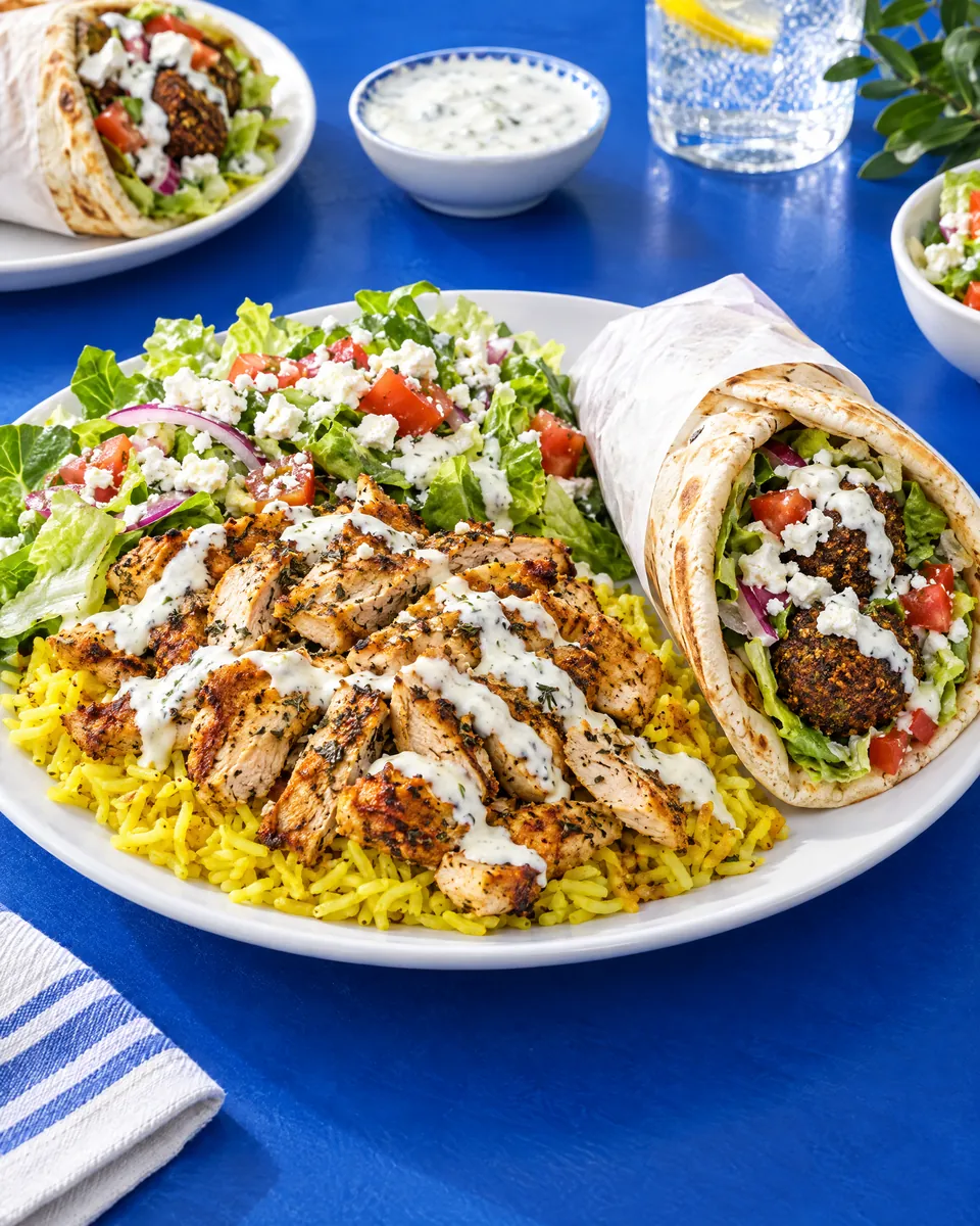 A Greek platter with gyro meat, rice, salad, pita and tzatziki