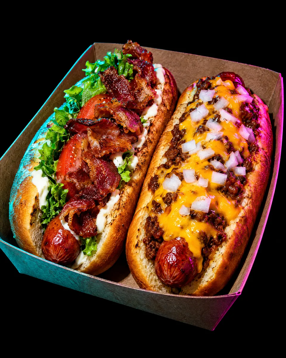 Two loaded hot dogs piled with bacon, cheese sauce and toppings in a paper boat