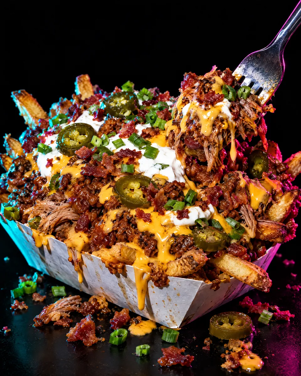 Loaded hand-cut fries with cheese sauce, bacon and jalapeños