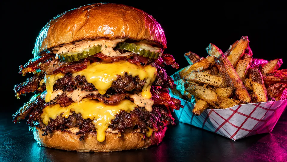 A double smashburger stacked with melted American cheese, bacon and pickles on a brioche bun