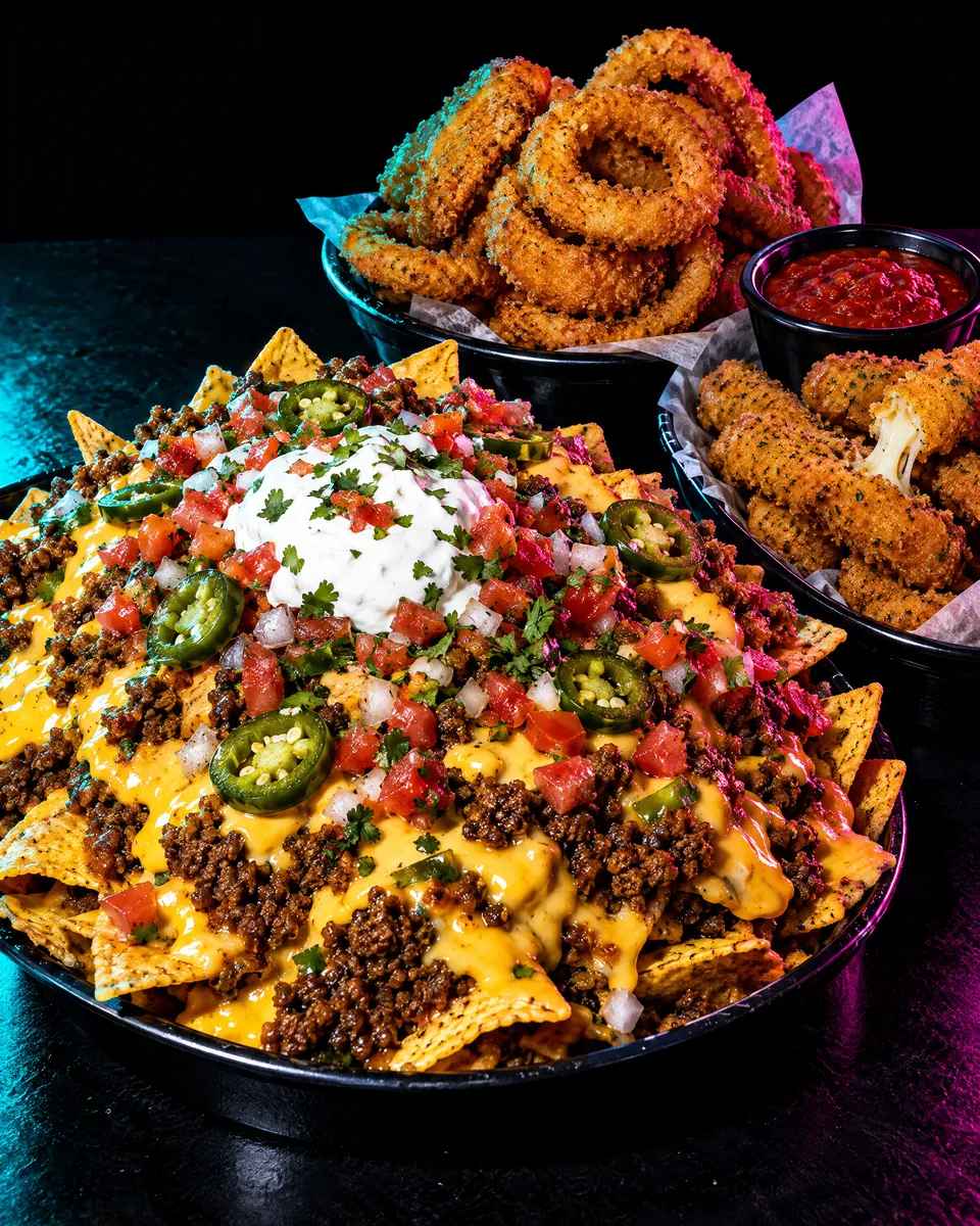 Loaded nachos with taco meat, cheese sauce, salsa and sour cream