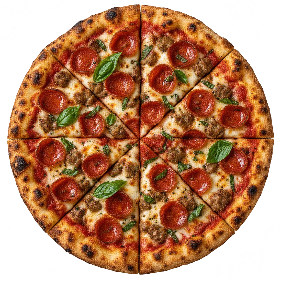 A whole pepperoni, sausage and basil pizza cut into slices