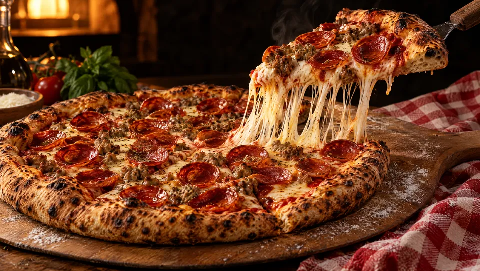 A pepperoni pizza with a stretchy cheese pull on a red-checked tablecloth