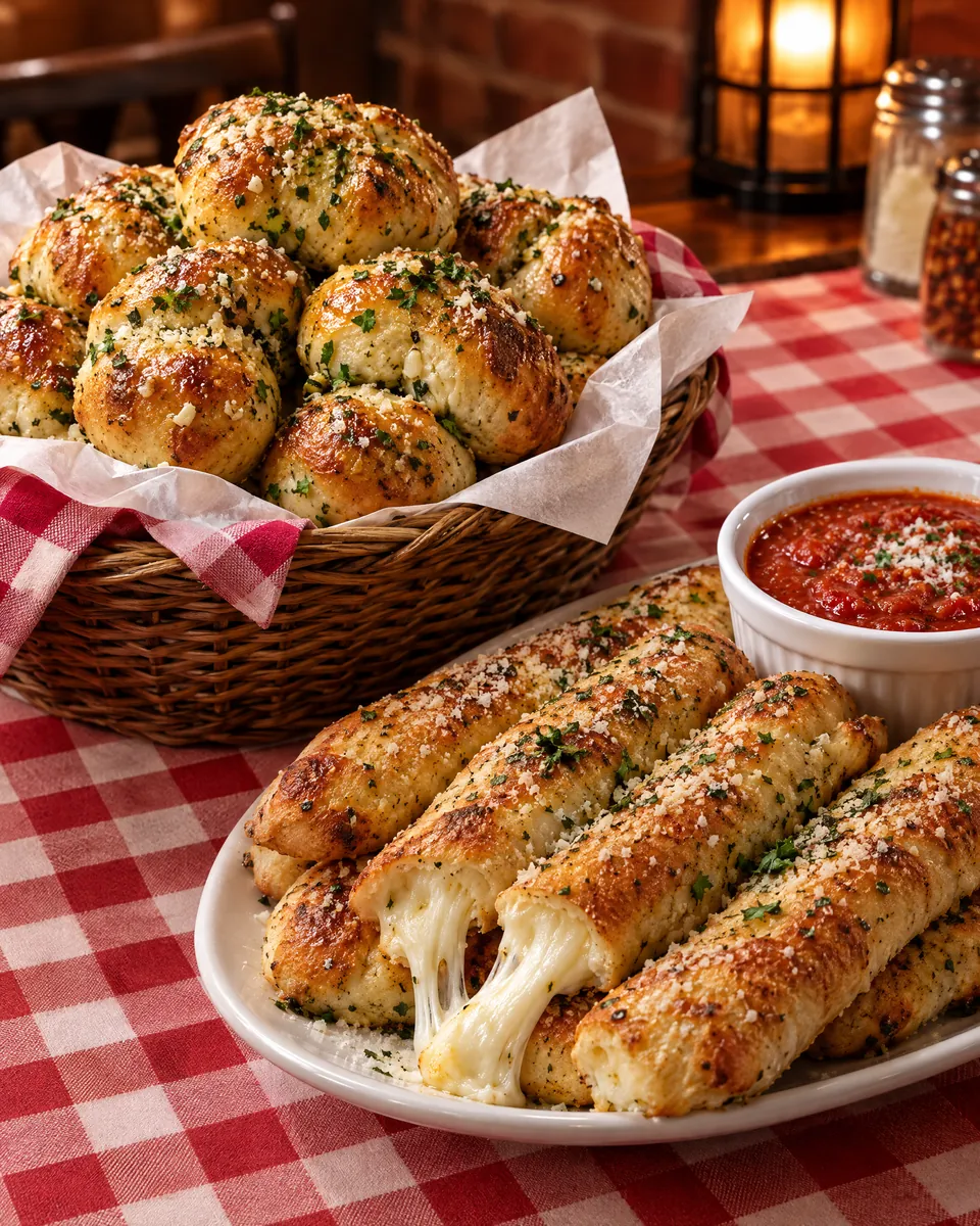 Garlic knots and cheese-filled breadsticks with marinara