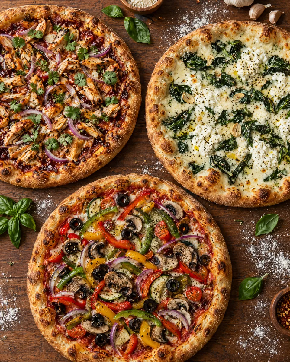 Three specialty pizzas: BBQ chicken, white spinach and ricotta, and a garden vegetable pie