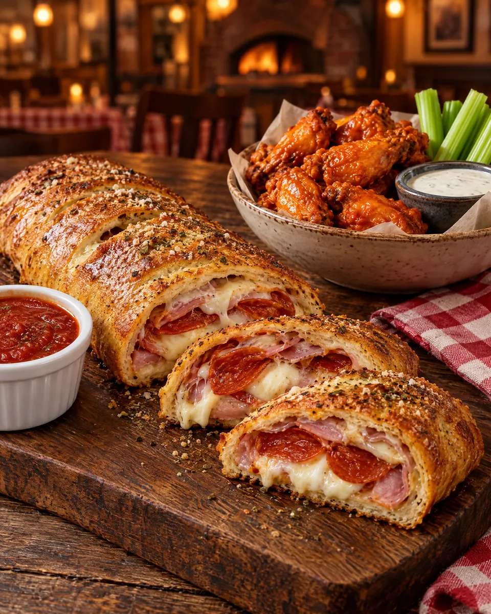 Golden stromboli sliced open beside a basket of wings
