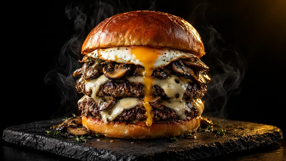 A stacked cheeseburger with crispy wings and fries on a dark counter