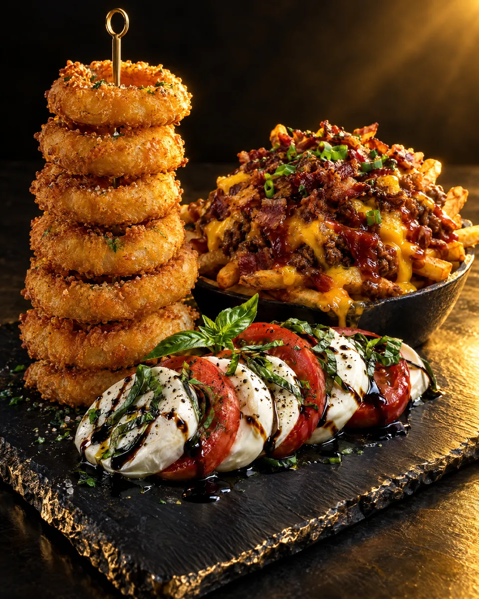 Onion rings, loaded fries and the Mozzarella Caprese