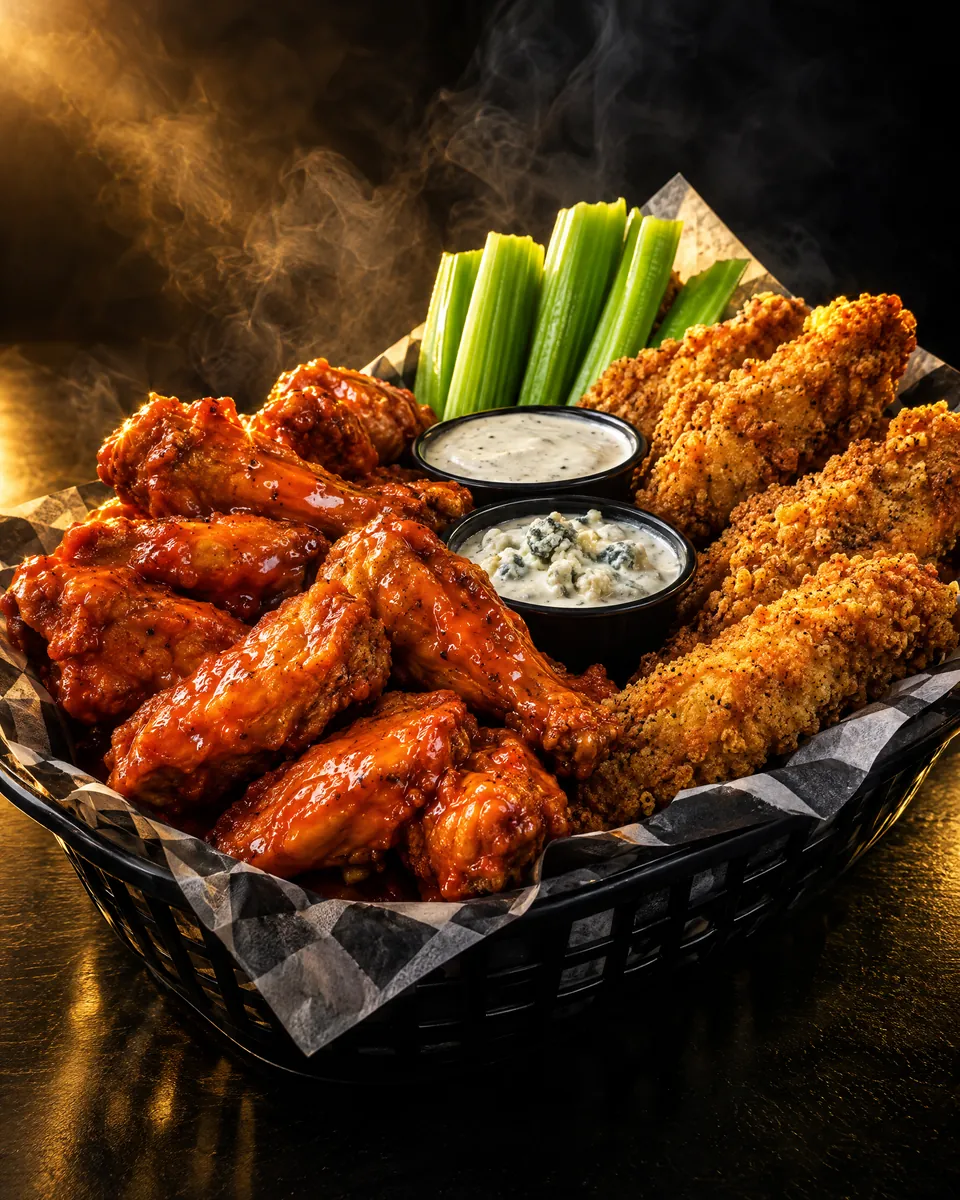 A basket of glossy, sauced chicken wings with ranch